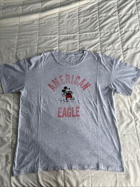 American Eagle Outfitters Light Gray Tee with Red Print and Mickey Graphic